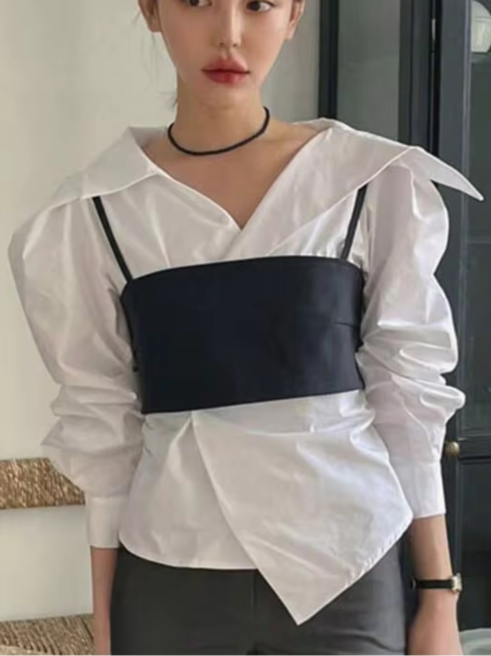 Dazy White cotton Button-Down Shirt with Black Cropped vest